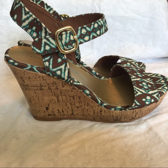 Brown teal fabric faux cork wedge heel sandals - Picture 6 of 8